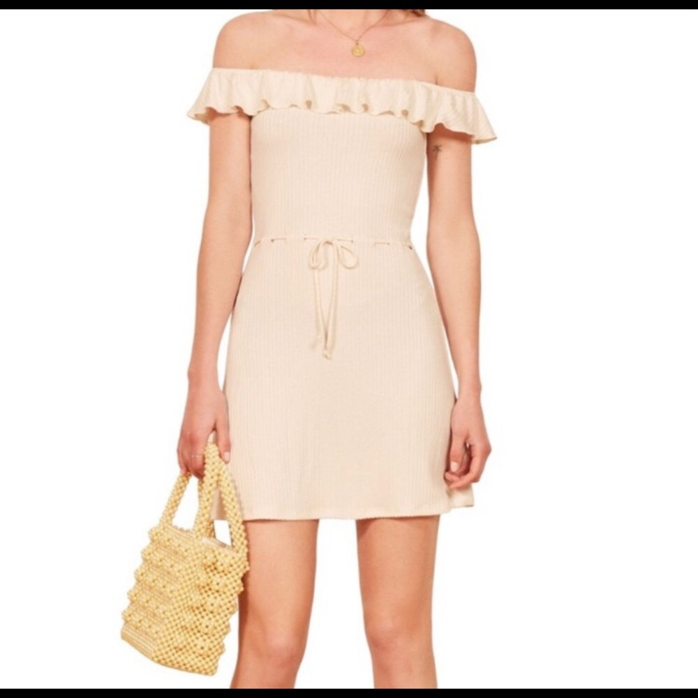 Cream off shoulder Grenada dress by Reformation